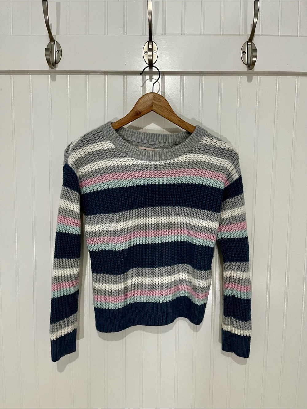 SO Striped Crewneck Sweater in Navy, Gray, White & Pink